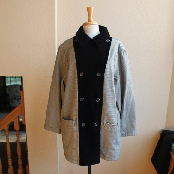 Vintage 80's Apriori Wool Blend Reversable Houndstooth Black Velvet DB Coat 12 - Picture 1 of 7